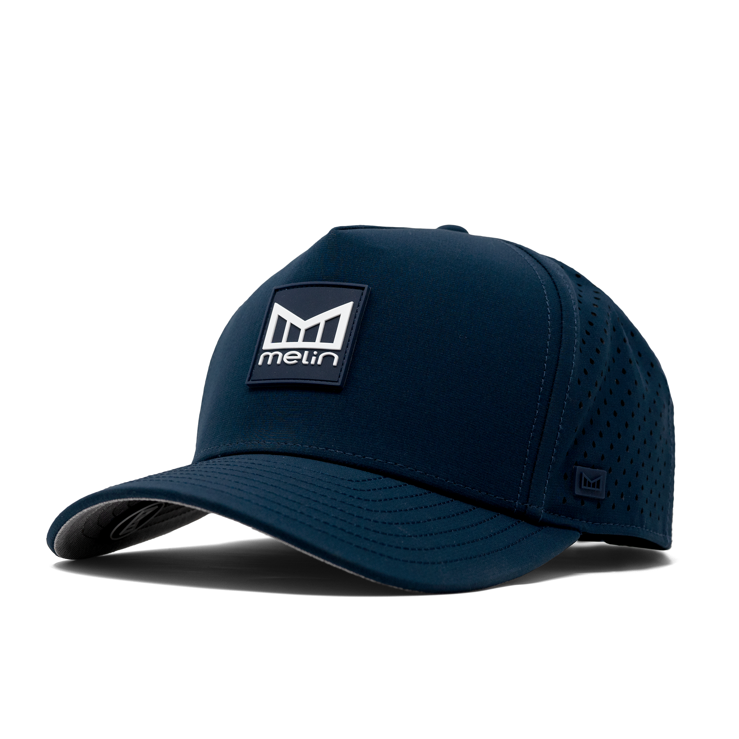 The angled front of melin's Odyssey Stacked Hydro hat in Navy