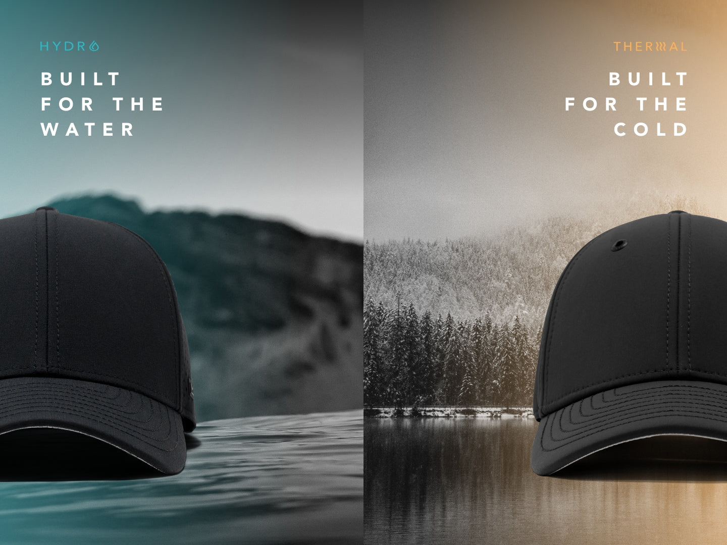 A side-by-side image of melin HYDRO hats, built for the water, and melin THERMAL hats, built for the cold