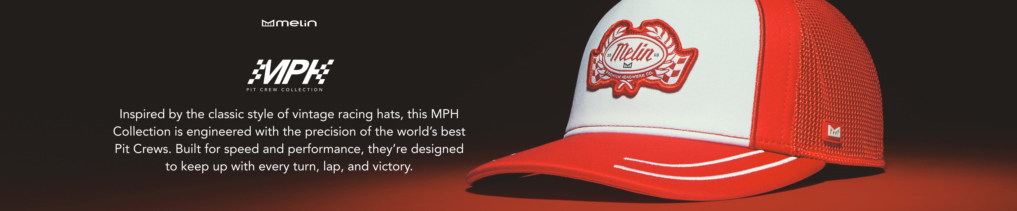 Red and white racing cap with 'MPH' branding on a dark background