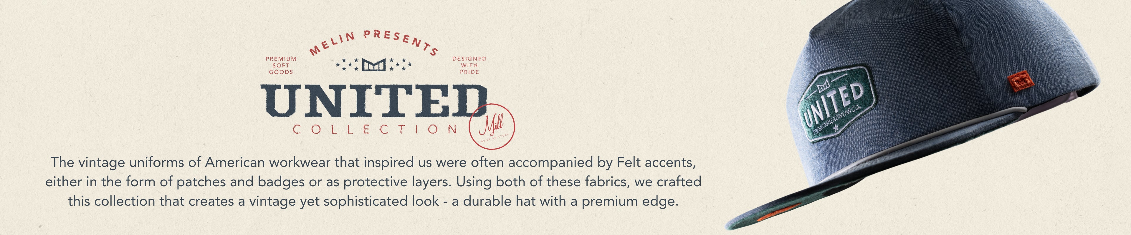 The collection banner for the melin MILL United collection featuring chambray hats