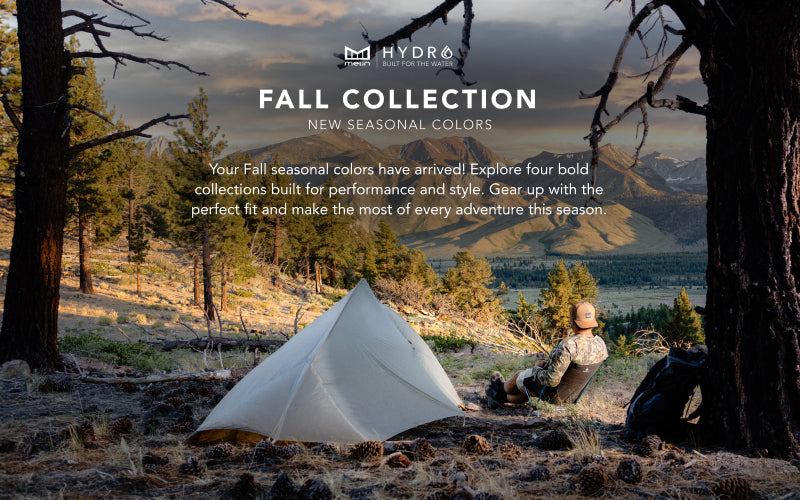 Person sitting by a tent in a natural setting with text about the melin Fall collection.
