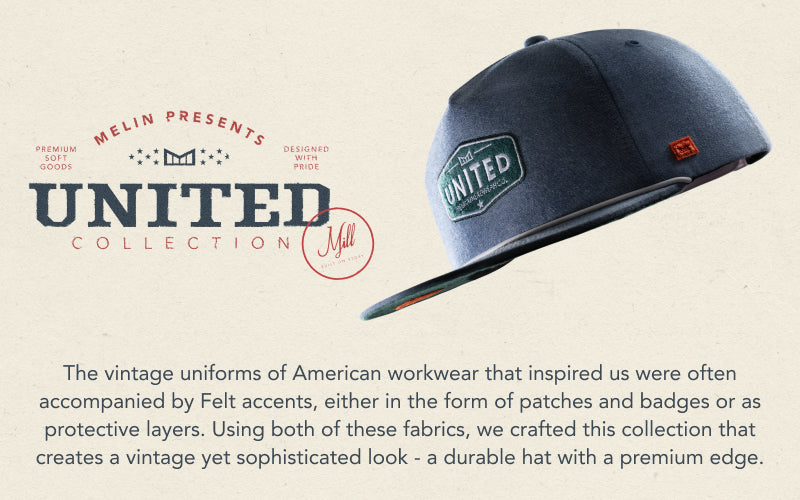 The collection banner for the melin MILL United collection featuring chambray hats