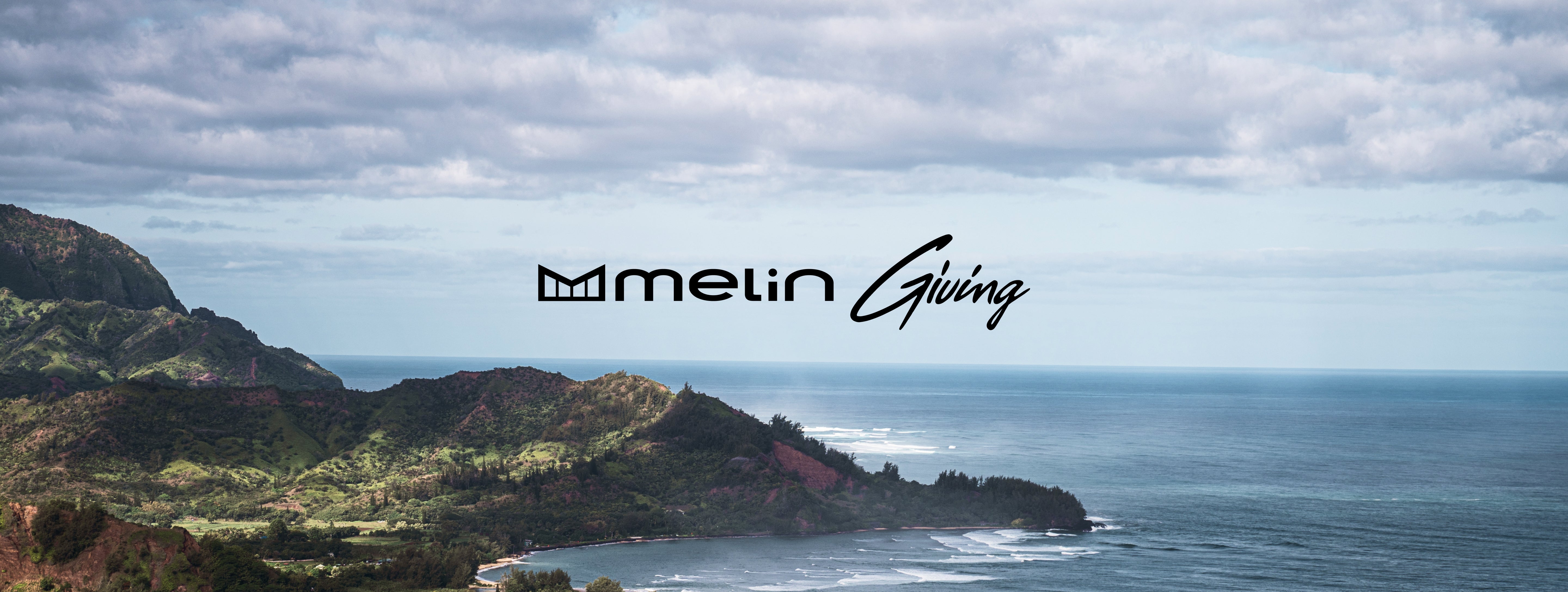Scenic view of a coastal landscape with a cloudy sky, featuring the Melin philanthropy logo
