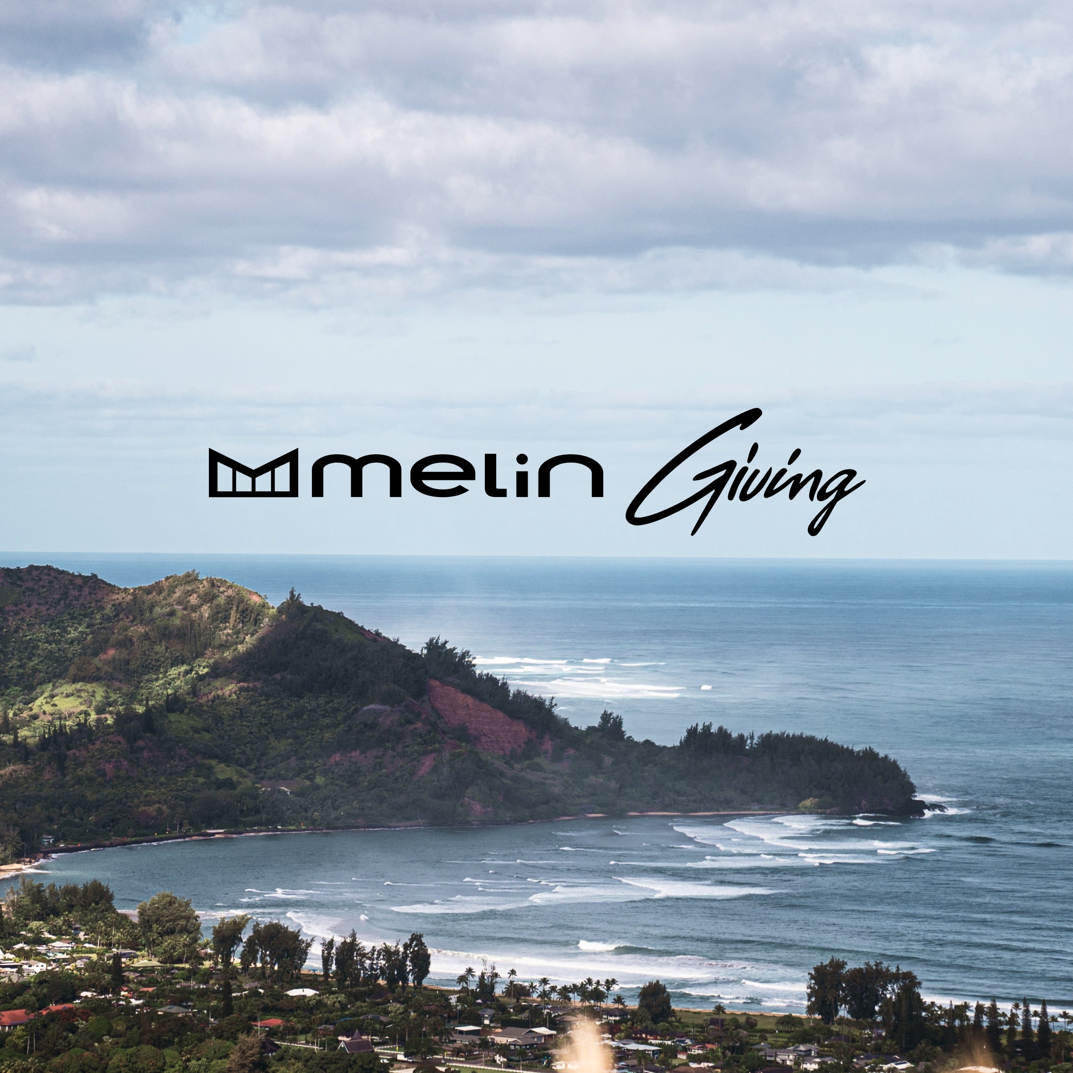 Scenic view of a coastal landscape with a cloudy sky, featuring the Melin philanthropy logo