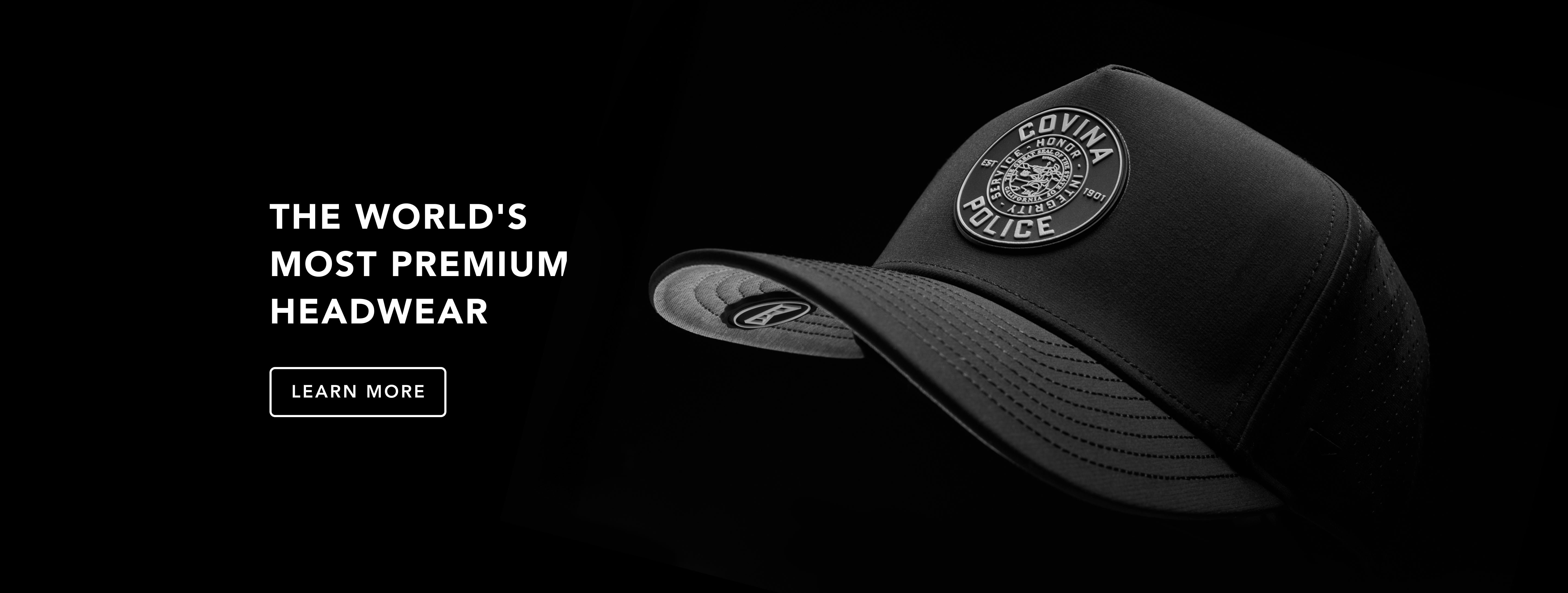 The melin Odysea Hydro with a Covina Police patch against a black background next to the text "The World's Most Premium Headwear" above CTA "Learn More"