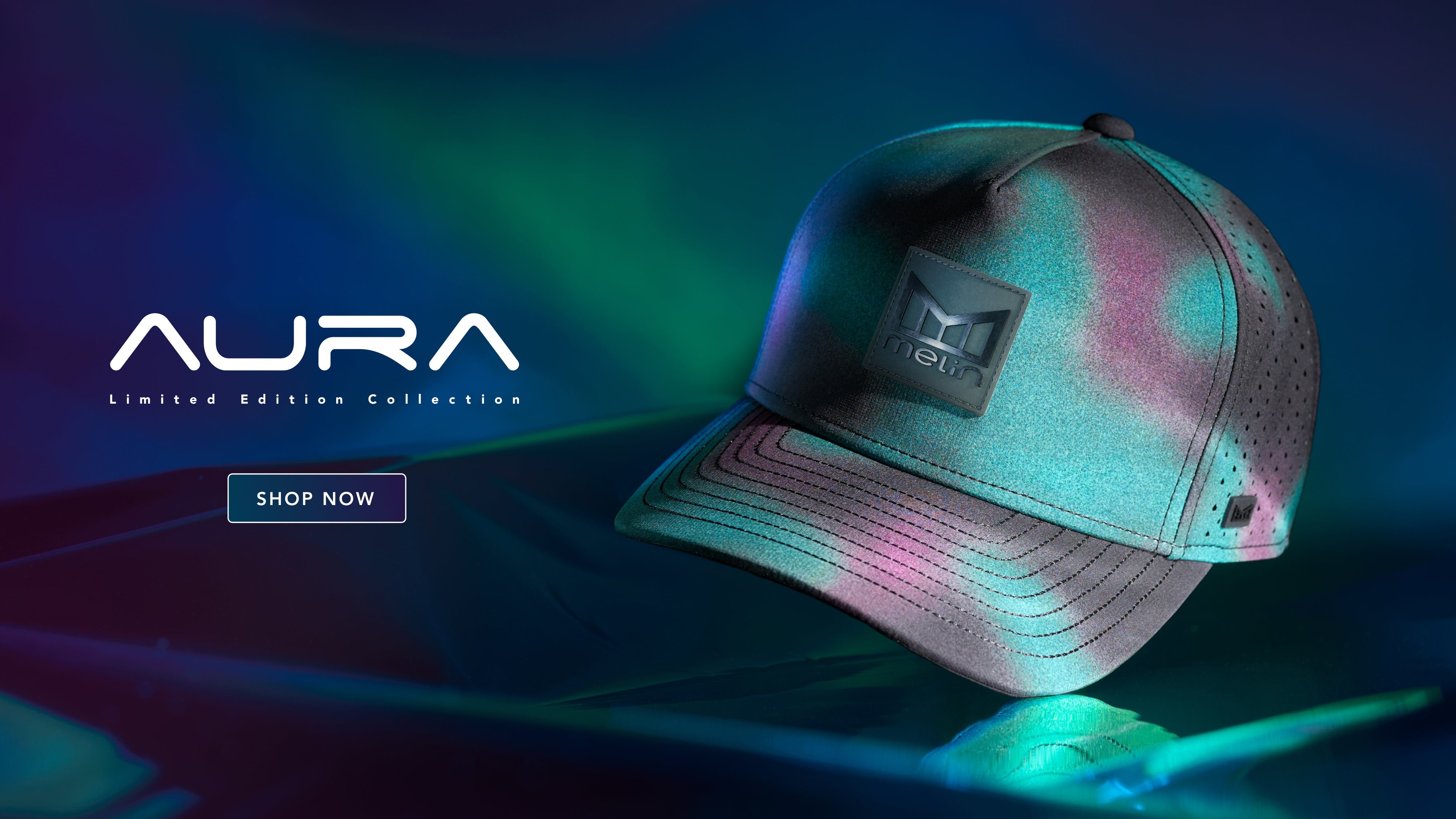 melin Aura Limited Edition hat with iridescent blue, green, and pink hues, displayed on a dark reflective surface with a 'Shop Now' button.