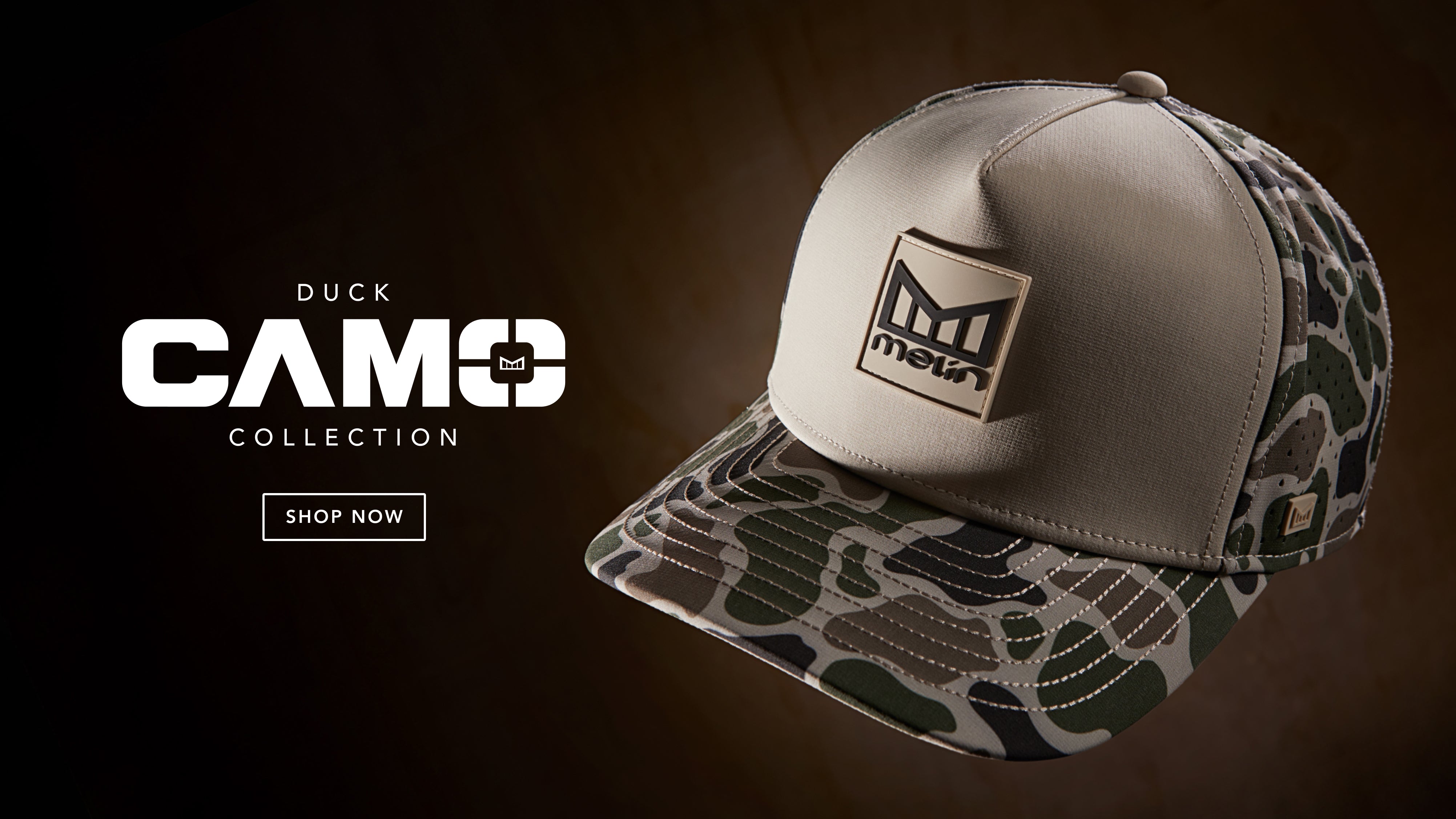 The melin Odysea Stacked Hydro in Duck Camo on a dark background, featuring the 'Duck Camo Collection' text.