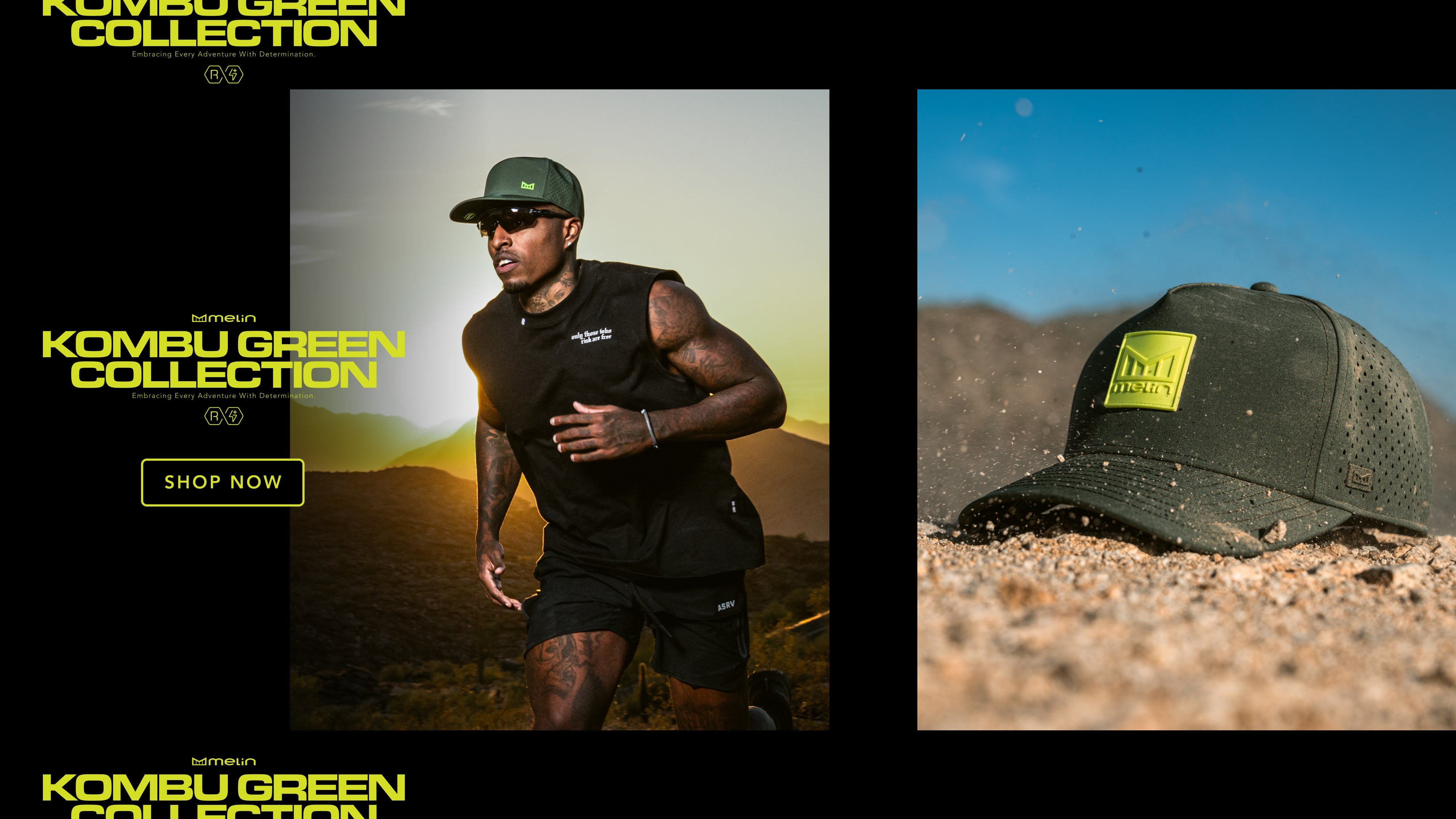Shop the Kombu Green collection at melin, featuring a man running in the Trenches Icon Hydro in Kombu Green, side-by-side with the Odyssey Stacked Hydro in Kombu Green