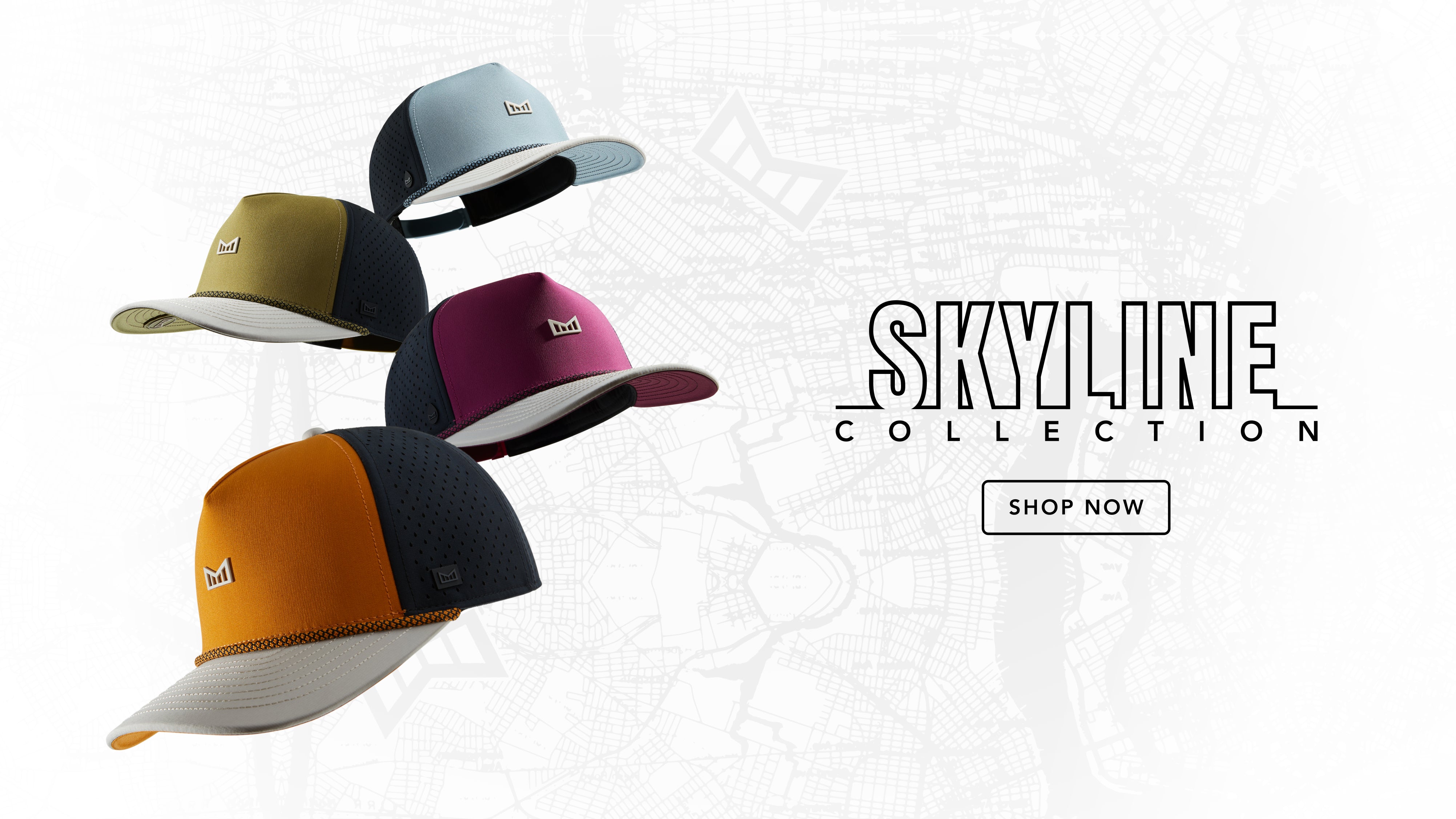 Four colorful caps displayed with 'Skyline Collection' branding on a light gray background.