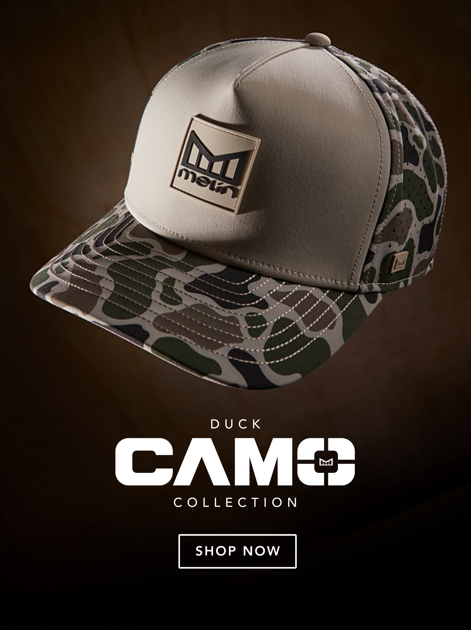 The melin Odysea Stacked Hydro in Duck Camo on a dark background, featuring the 'Duck Camo Collection' text.