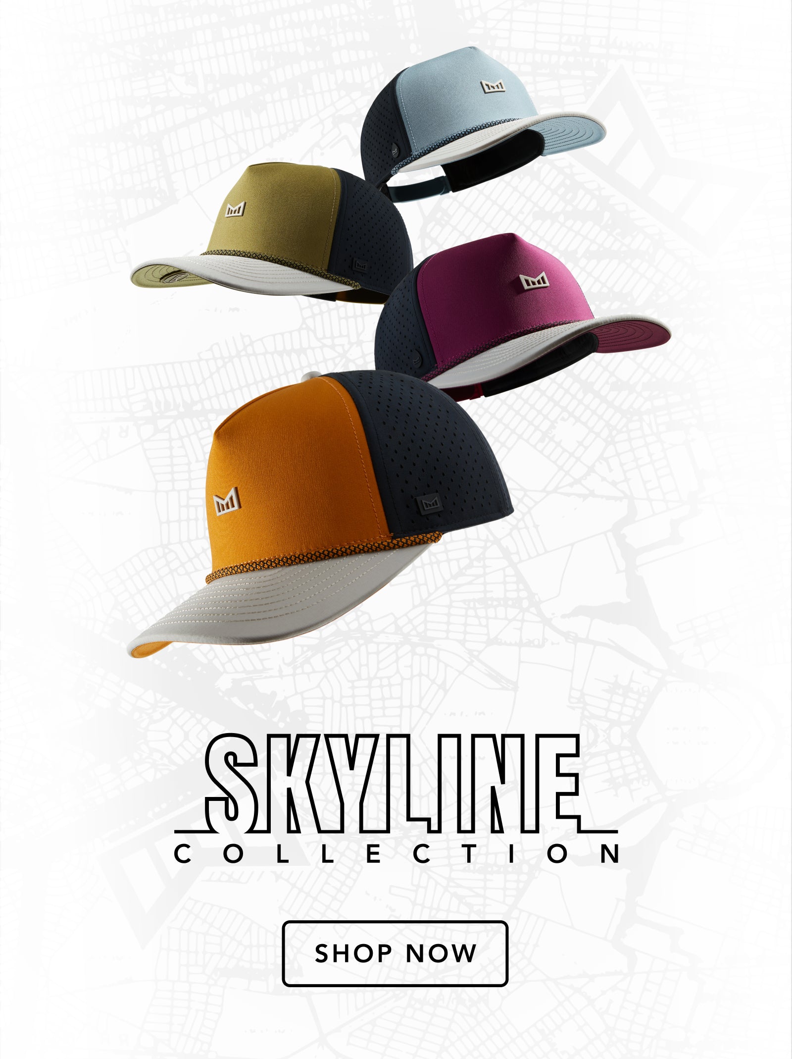 Four colorful caps displayed with 'Skyline Collection' branding on a light gray background.
