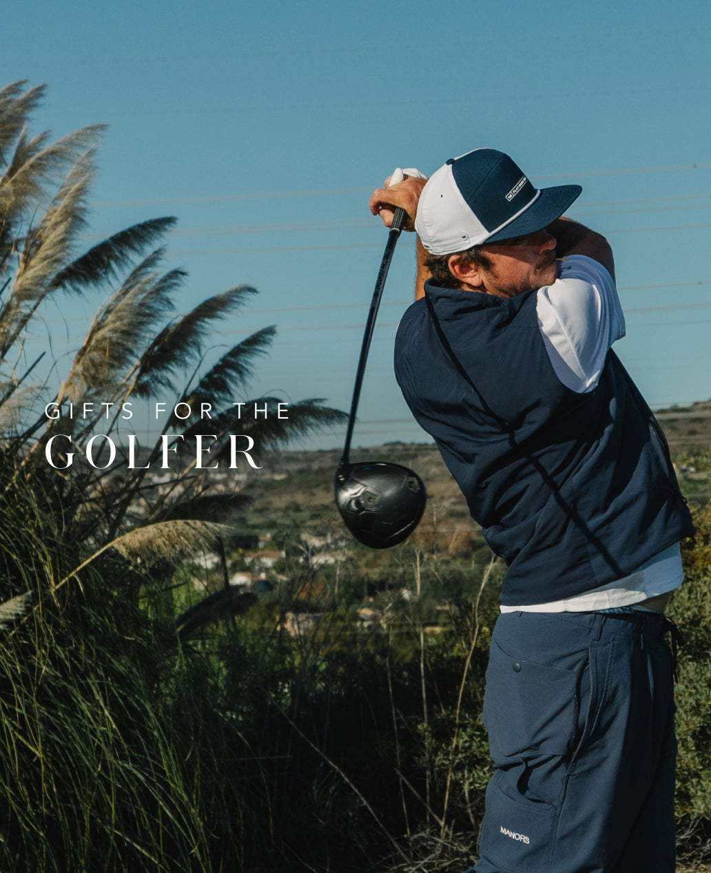 Man wearing the Coronado Links Hydro swinging a golf club with text 'Gifts for the Golfer' in an outdoor setting.