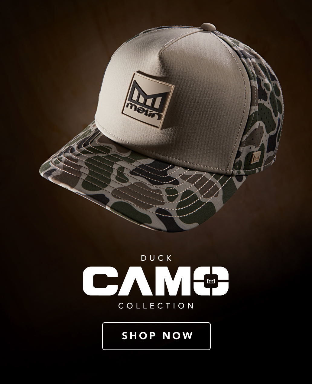 The melin Odysea Stacked Hydro in Duck Camo on a dark background, featuring the 'Duck Camo Collection' text.