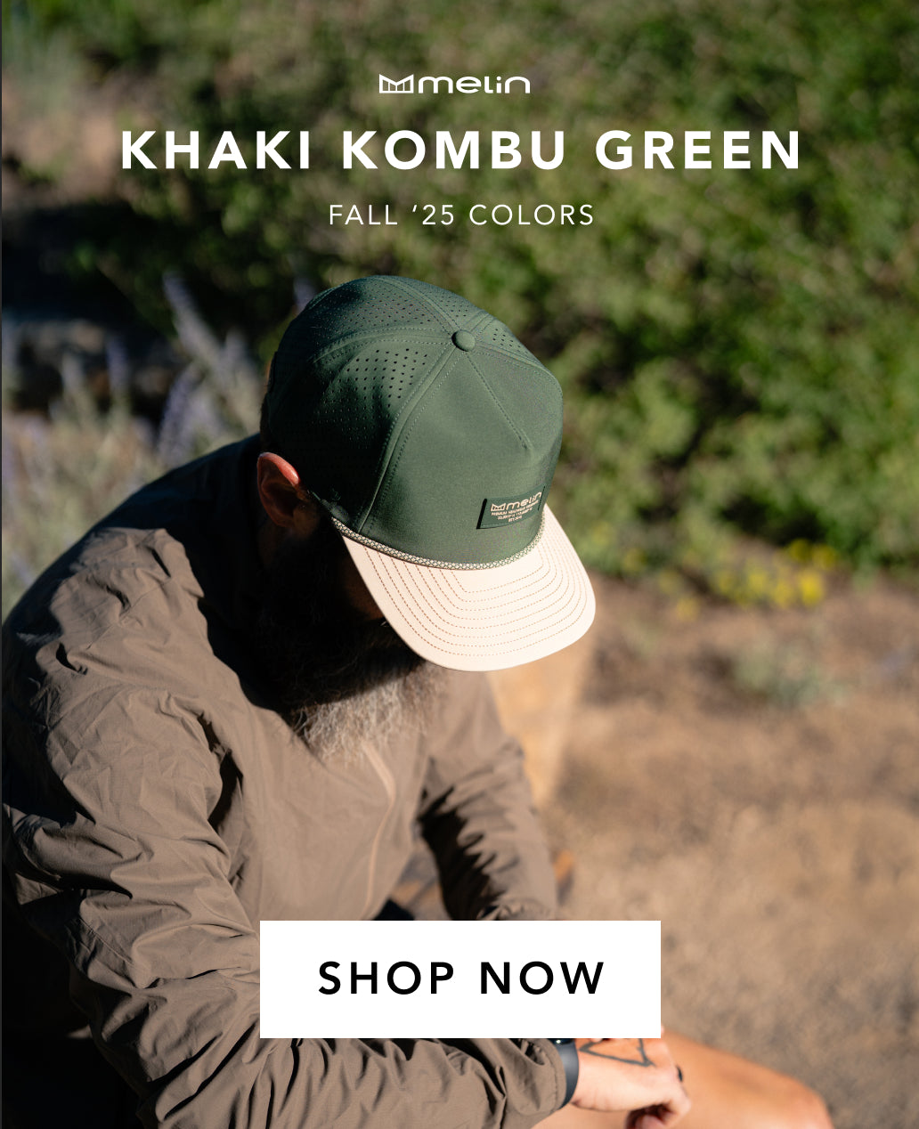 Person wearing a green cap and beige jacket with text promoting Melin Khaki Kombu Green fall '25 colors.