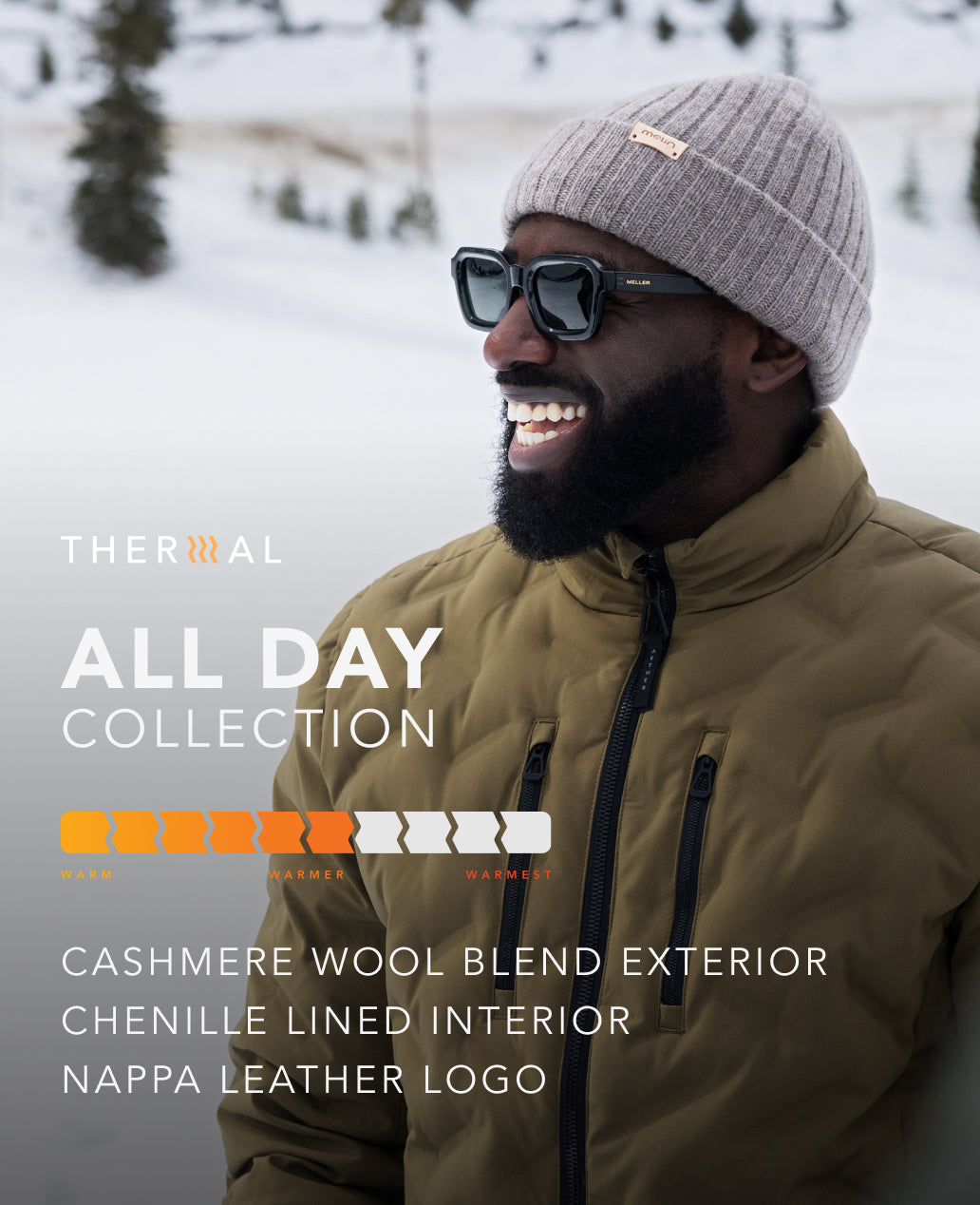 Man wearing a brown jacket and melin All Day beanie with 'Thermal All Day Collection' text and brand logo.