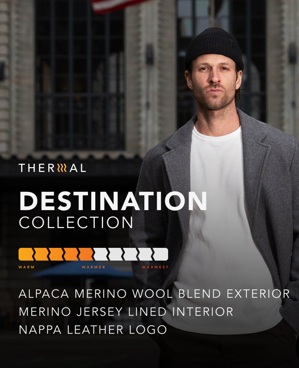 Man wearing a gray coat and melin Destination Beanie in Black with text about a 'Thermal Destination Collection' in front of a blurred building.