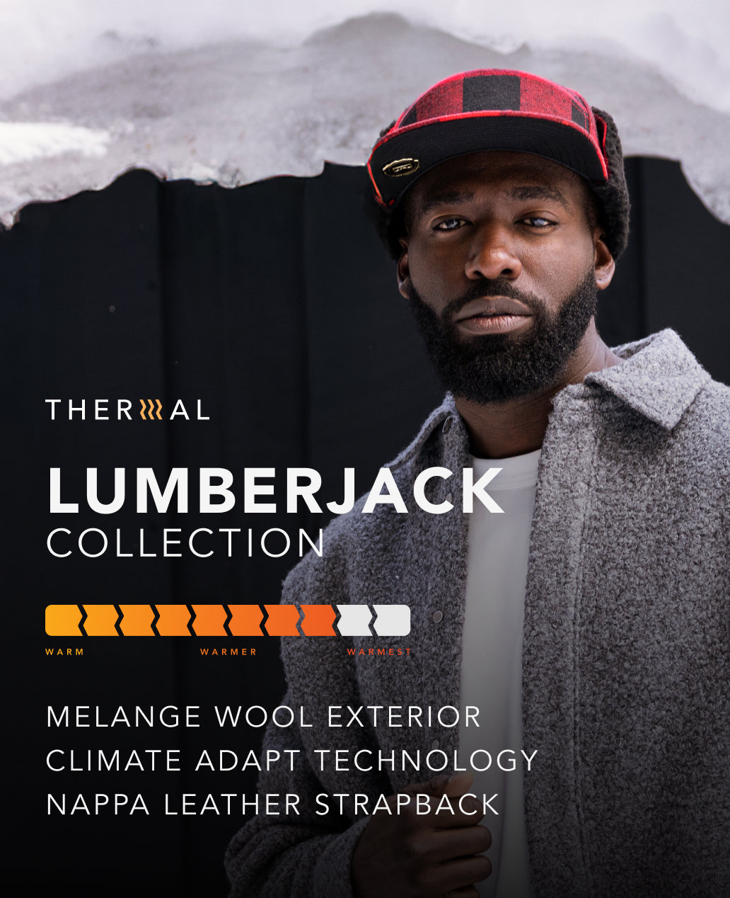 Man wearing a the Trenches Lumberjack Thermal in Red/ Black with text about the Thermal Lumberjack Collection.