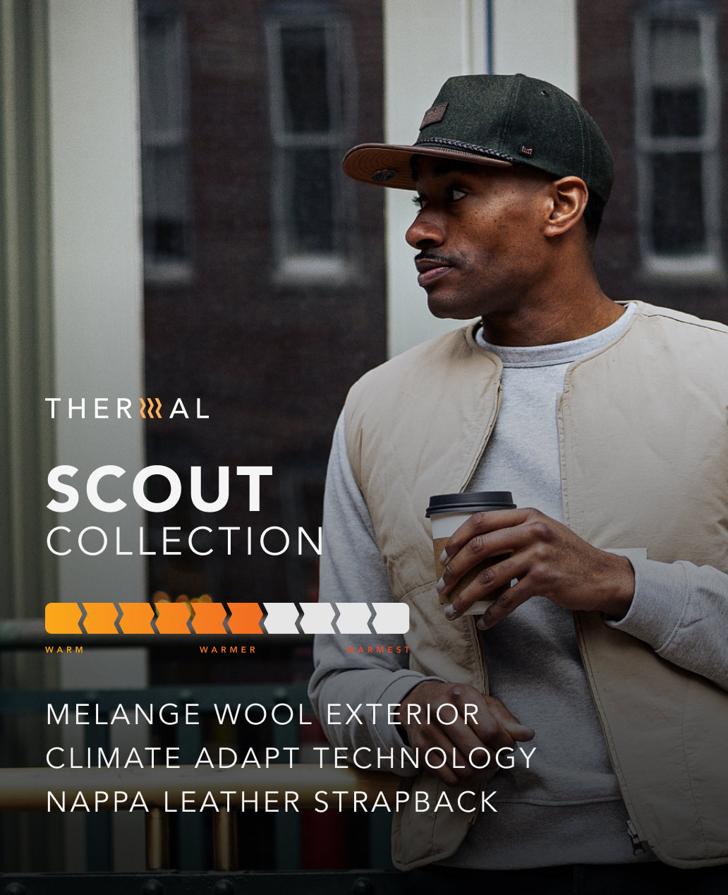 Man holding a coffee cup wearing a jacket and Coronado Scout Thermal in Spruce with text about the melin Thermal Scout Collection.