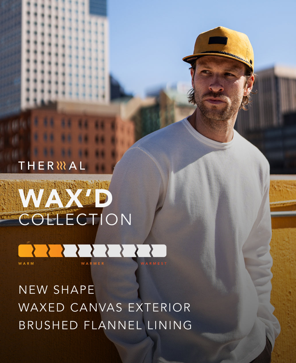 Man wearing a white sweatshirt with the melin Coronado Wax'd Thermal in British Khaki in an urban setting, featuring 'Thermal Wax'd Collection' text.