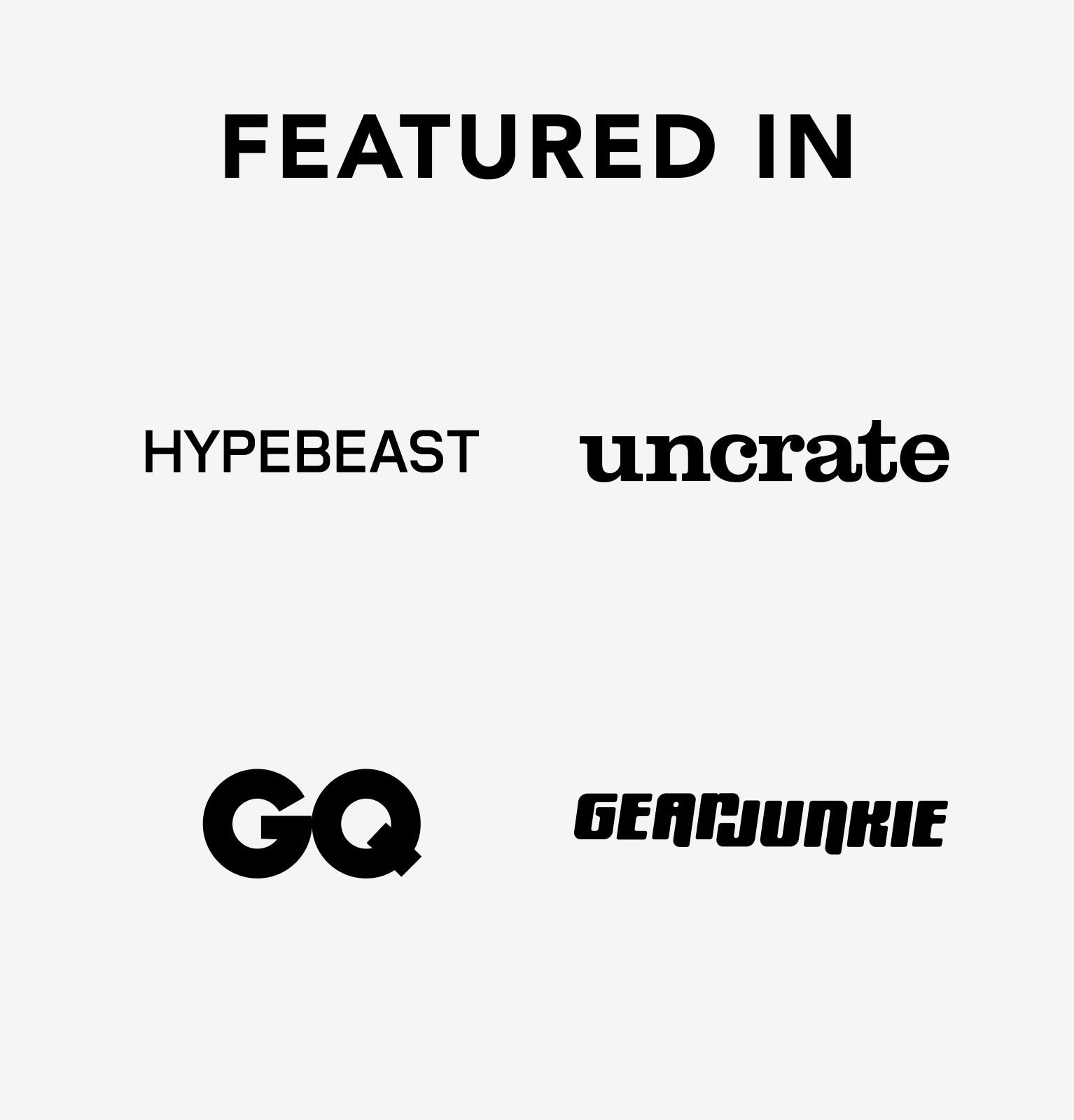 melin featured publications banner including Hypebeast, uncrate, GQ, GearJunkie