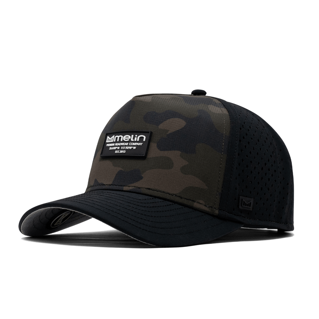 The angled view of the Melin Split Fit Odyssey Brick Hydro hat in green camo Big Image - 1