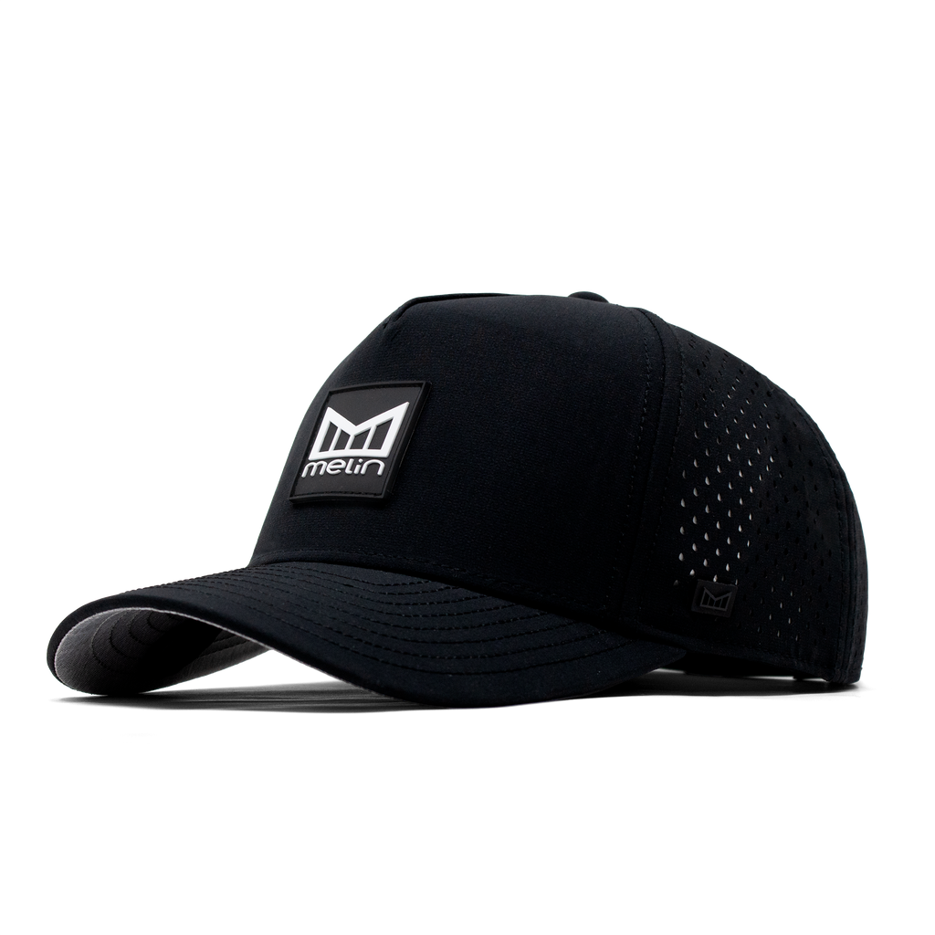 The angled view of the Melin Split Fit Odyssey Stacked Hydro hat in black Big Image - 1