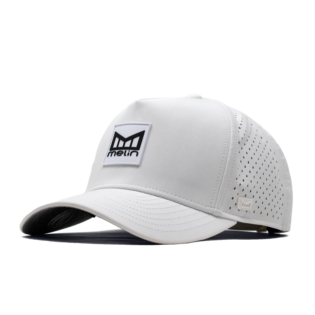 The angled view of the Melin Split Fit Odyssey Stacked Hydro hat in white Big Image - 1