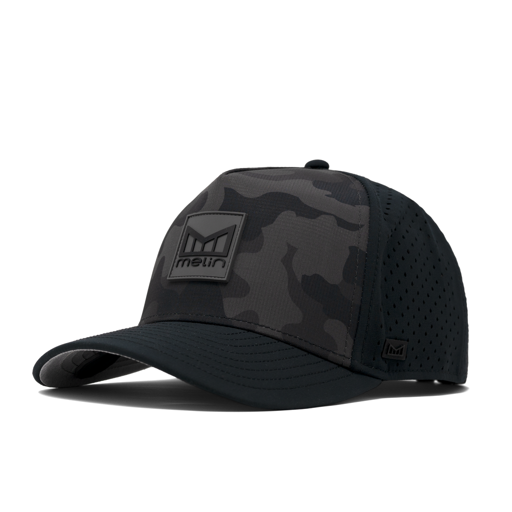 The angled view of the Melin Split Fit Odyssey Stacked Hydro hat in black camo Big Image - 1