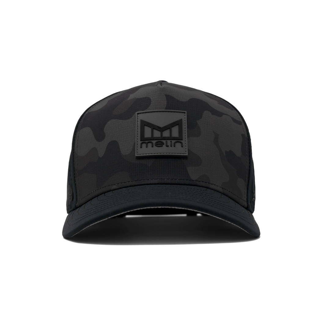 The front view of the Melin Split Fit Odyssey Stacked Hydro hat in black camo Big Image - 3