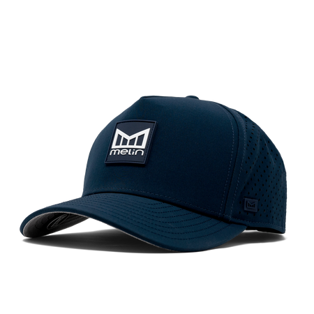 The angled front of melin's Odysea Stacked Hydro hat in Navy