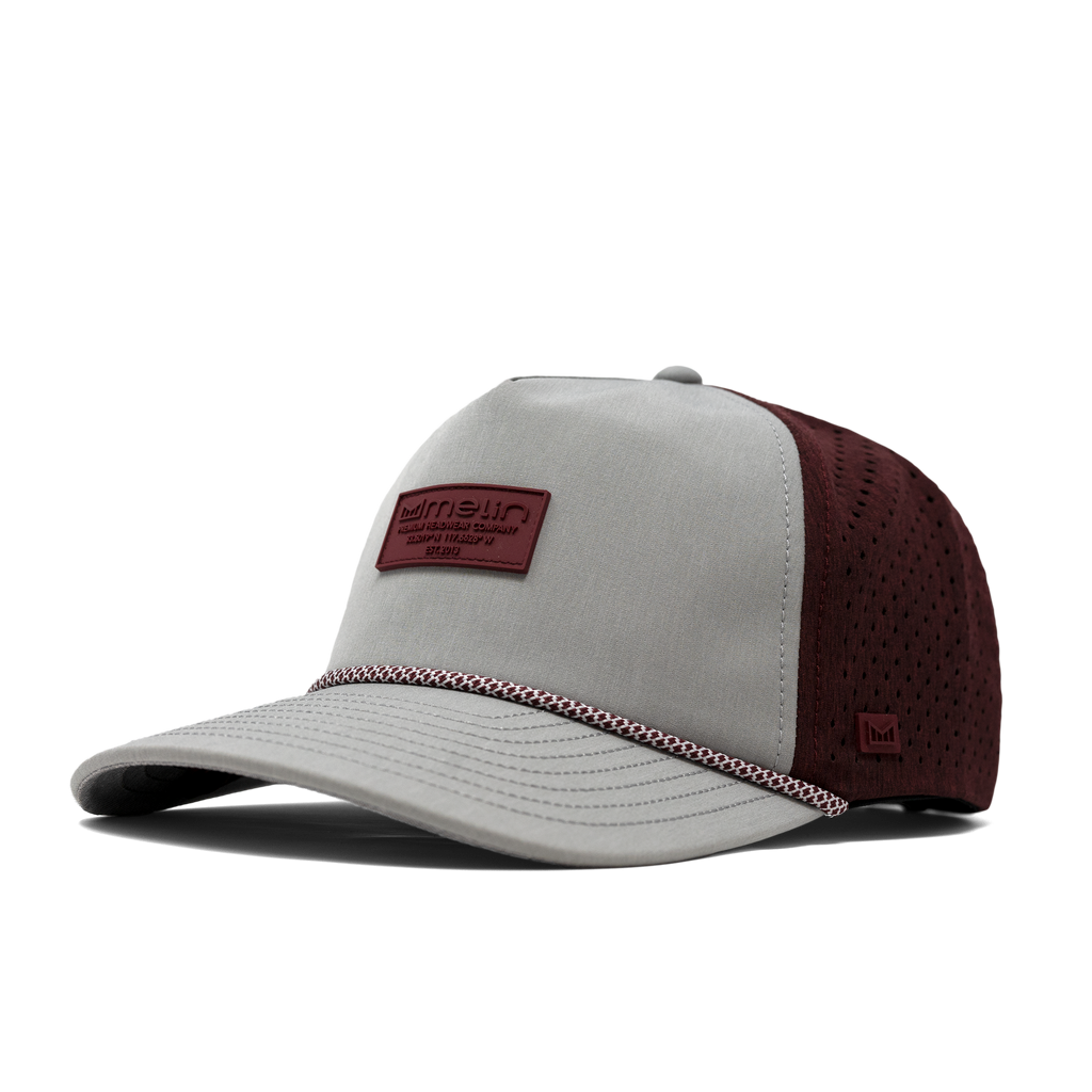 The front, angled, curved bill view of melin's Coronado Brick Lava Rock Hydro in Light Grey / Maroon Big Image - 6