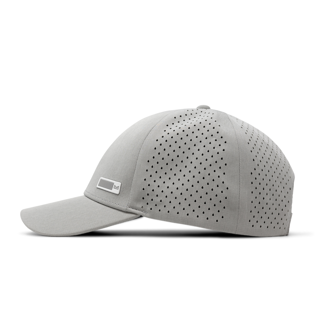The side view of melin's A-Game Beam Hydro heather grey snapback hat for men and women. Big Image - 3